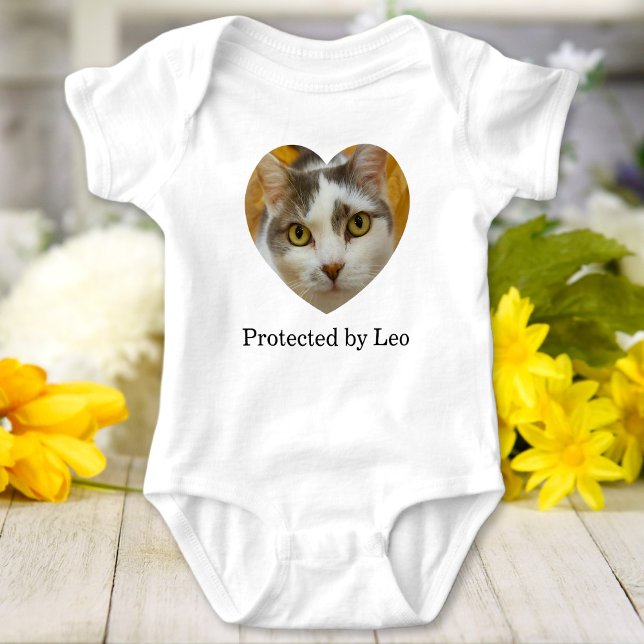 Protected By Cat or Dog Personalized Heart Photo Baby Bodysuit (Creator Uploaded)
