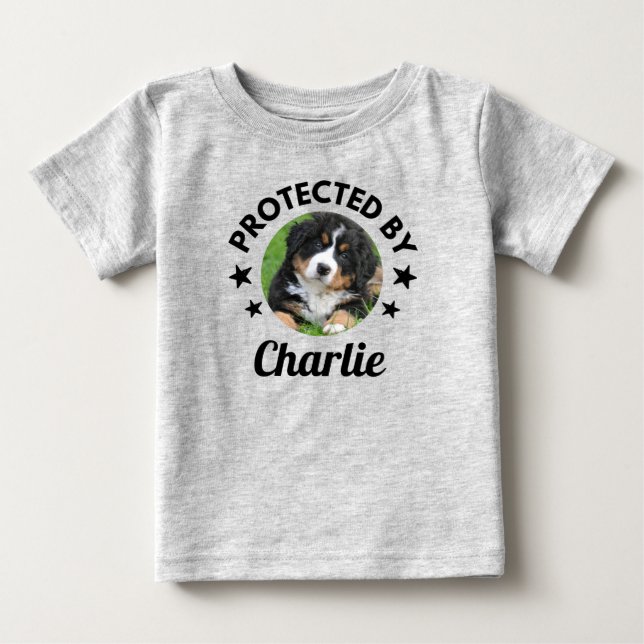  "Protected By" Custom Dog Name and Photo Baby T-Shirt (Front)