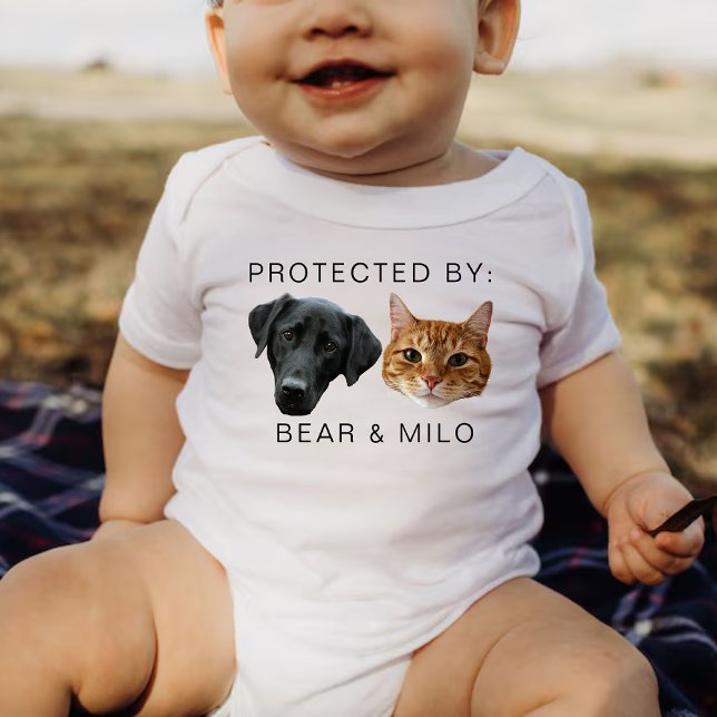 Protected By Dog Personalized Dog Cat Name Photo Baby Bodysuit (Creator Uploaded)