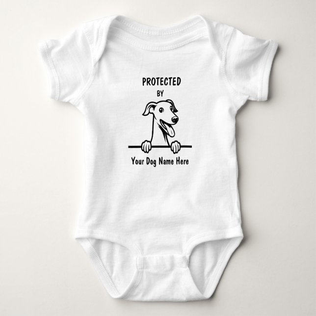 Protected by Greyhound Dog, Custom Dog Name Baby Bodysuit (Front)