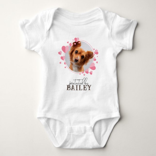 Protected by Pet Dog  Personalized Photo Hearts Baby Bodysuit (Front)