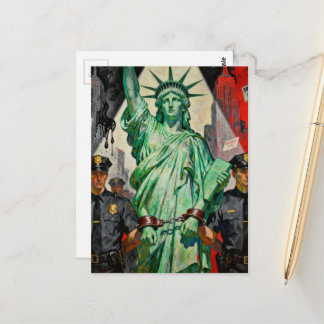 protesting lady liberty arrested by police surreal postcard