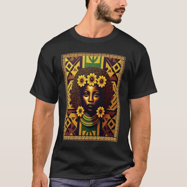 Proud Afro Woman with Floral and African Pattern T-Shirt (Front)