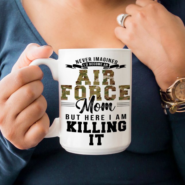 Proud Air Force Mom Killing It Funny Military  Coffee Mug (Air Force Mom funny coffee mug gift, 15 oz, never imagined, but here I am killing it, basic training)