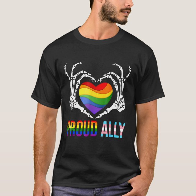Proud Ally LGBT Transgender Flag Skeleton Heart Ga T-Shirt (Front)