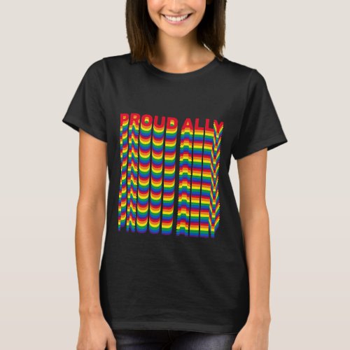 Proud Ally LGBTQ rainbow retro pattern gay pride T_Shirt