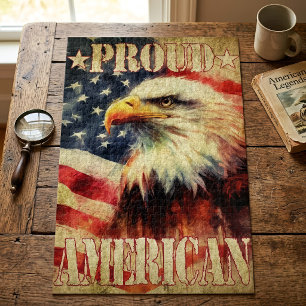 Proud American. Bald Eagle and United States Flag Jigsaw Puzzle