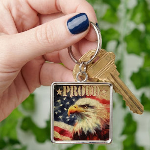Proud American. Bald Eagle and United States Flag  Keychain