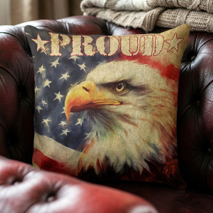 Proud American. Bald Eagle and United States Flag  Throw Pillow