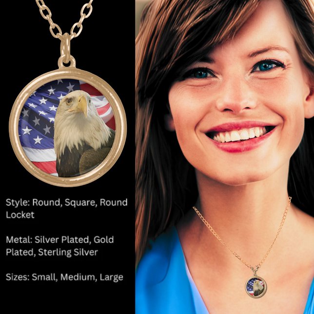 Proud American Bald Eagle Photo and Flag Gold Plated Necklace (Proud American Bald Eagle Photo and Flag Gold Plated Necklace)