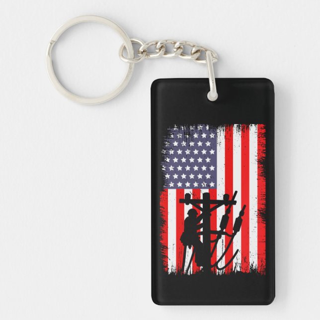 Proud American Lineman Patriotic Utility Worker Keychain (Front)