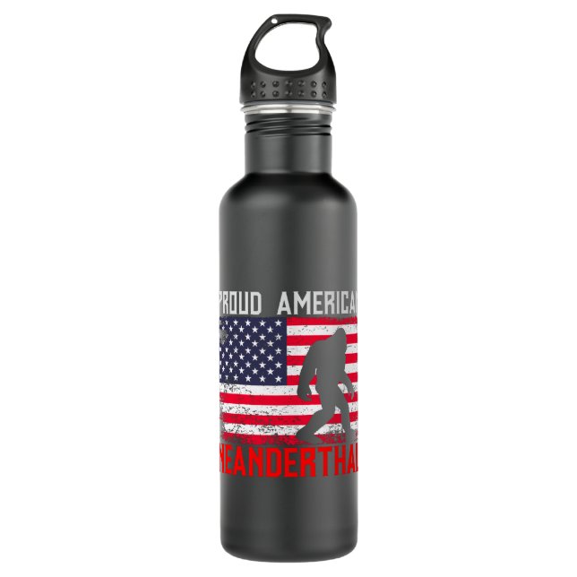 Proud American Neanderthal | USA Flag & Bigfoot Stainless Steel Water Bottle (Front)