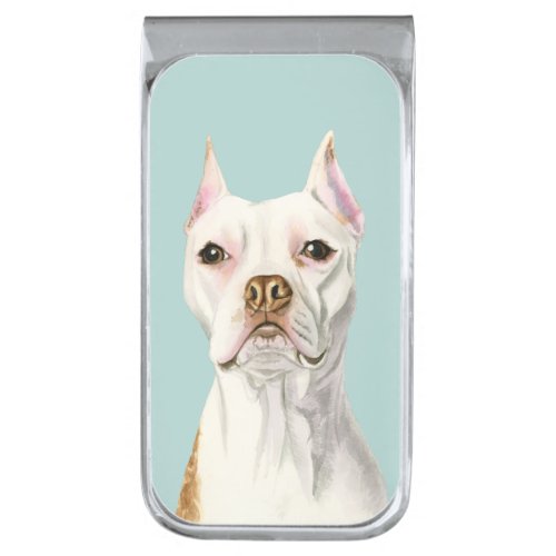 Proud and Tall White Pit Bull Dog Portrait Silver Finish Money Clip