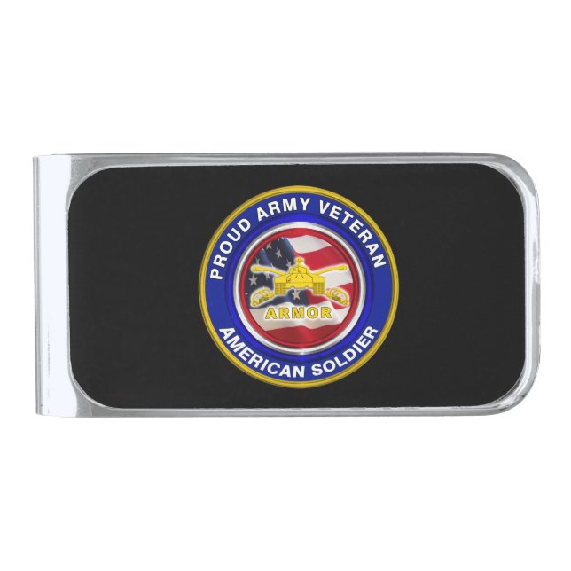 Proud Army Veteran Armor Soldier Silver Finish Money Clip (Front)