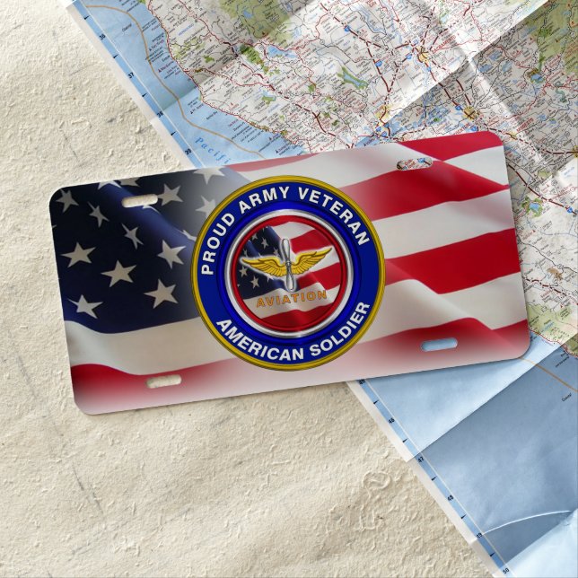 Proud Army Veteran Aviation USA Flag License Plate (In Situ)