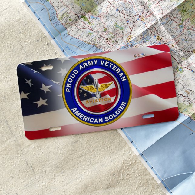 Proud Army Veteran Aviation with American Flag License Plate (In Situ)