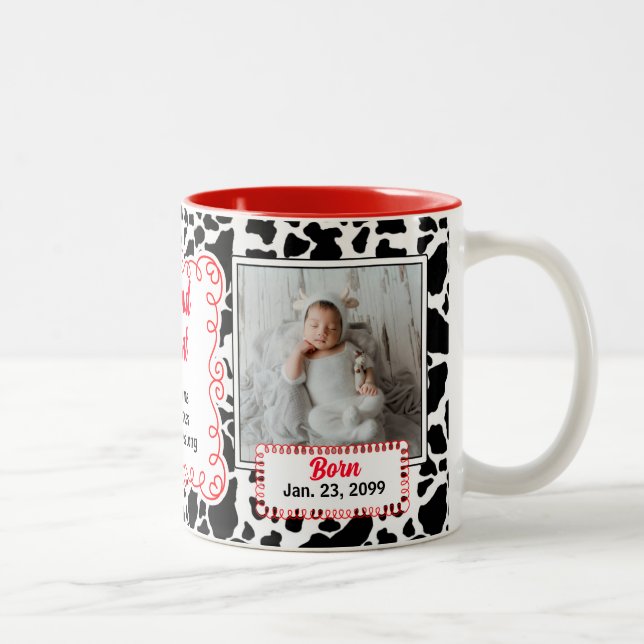 Proud Aunt Black White and Red Cow Print Baby Two-Tone Coffee Mug (Right)
