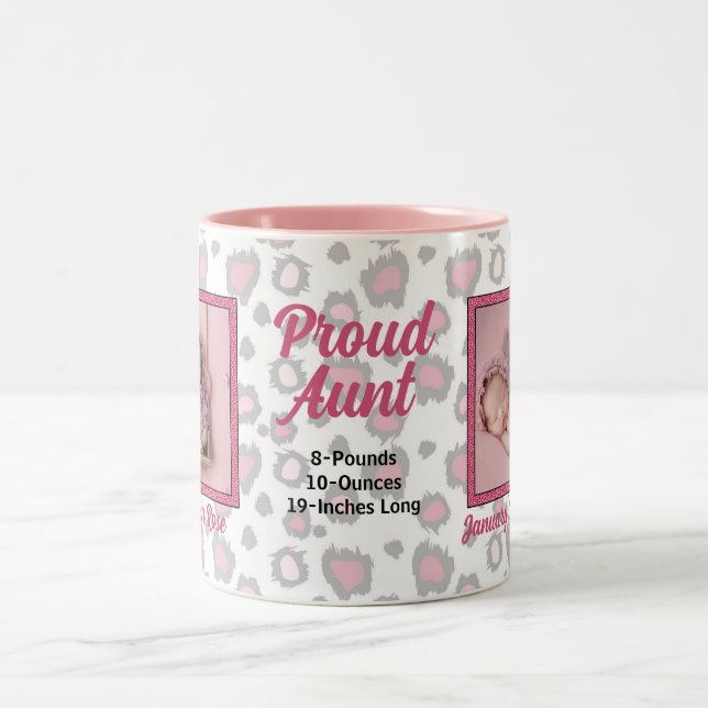 Proud Aunt Pink Animal Print with Baby Photos Two-Tone Coffee Mug (Center)