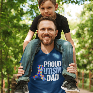 Proud Autism Dad Blue Awareness Ribbon T-Shirt