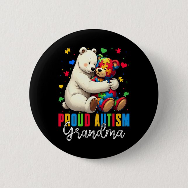 Proud Autism Grandma Bear Autism Awareness Son Dau Button (Front)