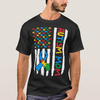 Proud Autism Mom American Flag Puzzle Piece Autism T-Shirt