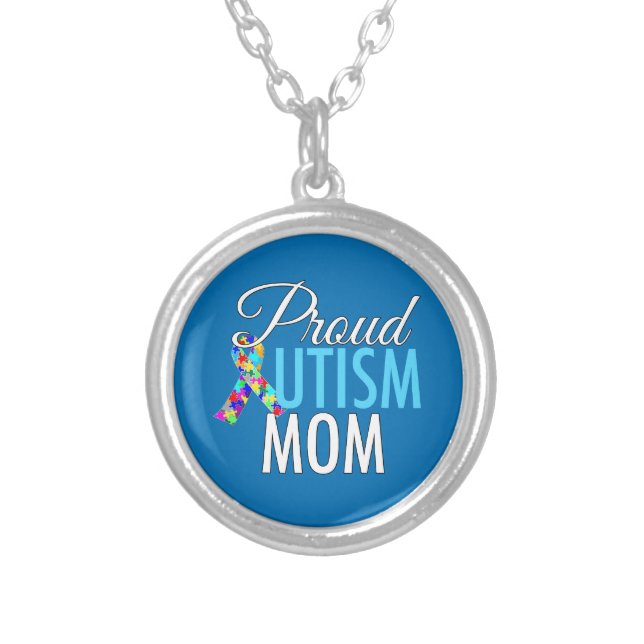 Proud Autism Mom Silver Plated Necklace (Front)