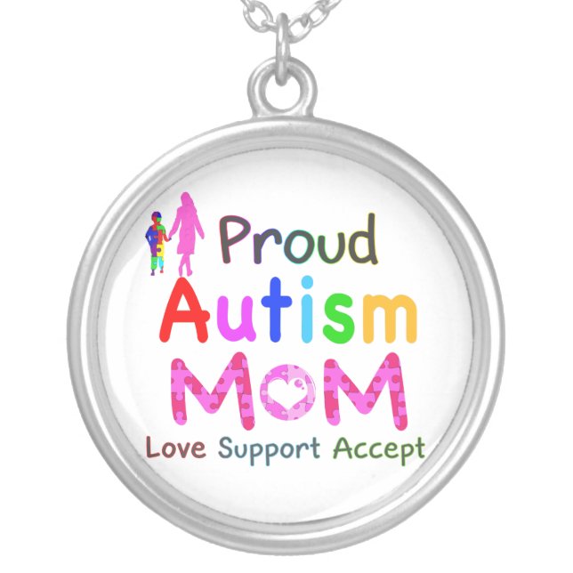 Proud Autism Mom Silver Plated Necklace (Front)
