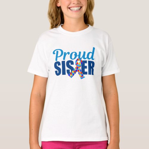 Proud Autism Sister Blue Awareness Ribbon Kids T_Shirt