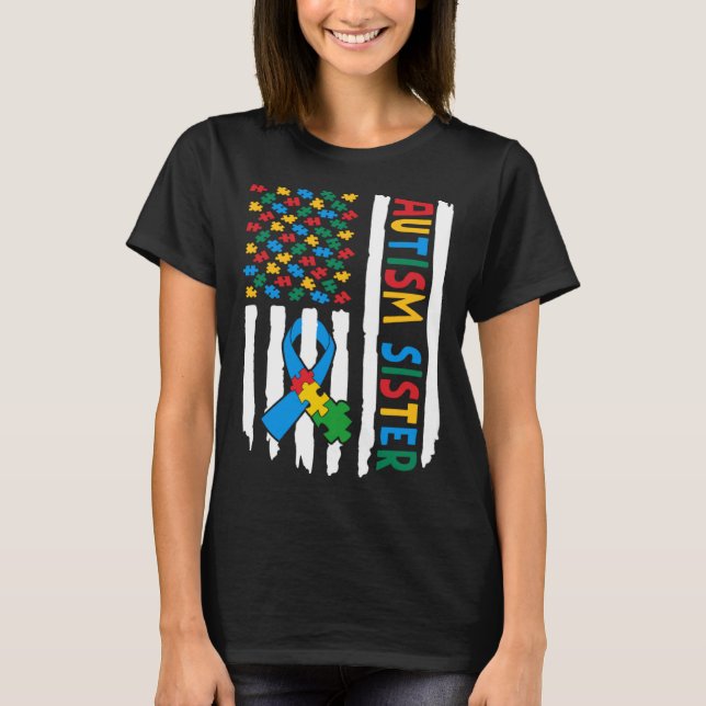 Proud Autism Sister USA Flag Puzzle Piece Autism A T-Shirt (Front)