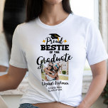 Proud Bestie of the graduate photo school name T-Shirt<br><div class="desc">Celebrate your best friend's graduation with this modern t-shirt featuring a "Proud BESTIE of the Graduate" caption in black contemporary fonts decorated with a grad cap with a golden tassel. Easily customize this t-shirt with a picture of the graduate, the graduation year, and the school's name by editing the template...</div>