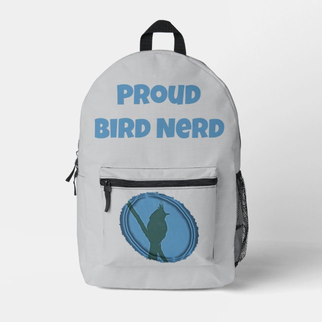 Proud Bird Nerd Blue Gray Silhouette Birder Printed Backpack (Front)