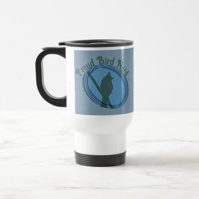 Proud Bird Nerd Silhouette Blue Gray Birder Travel Mug (Left)