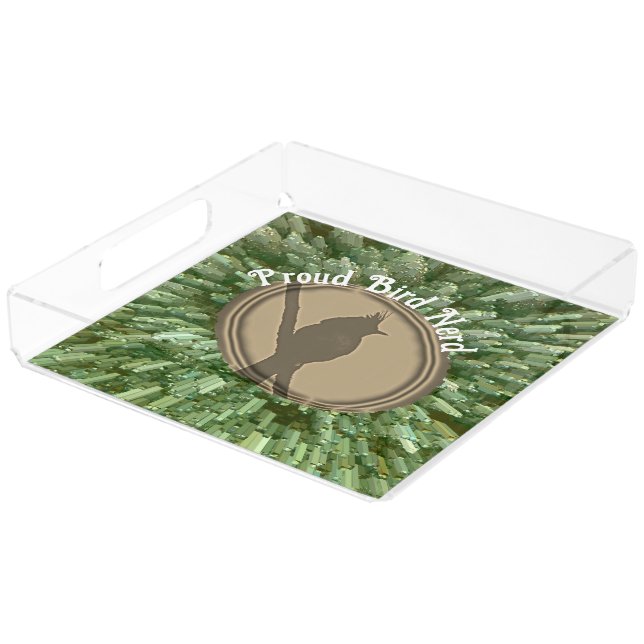 Proud Bird Nerd Silhouette Brown Green Birder Acrylic Tray (Angled)