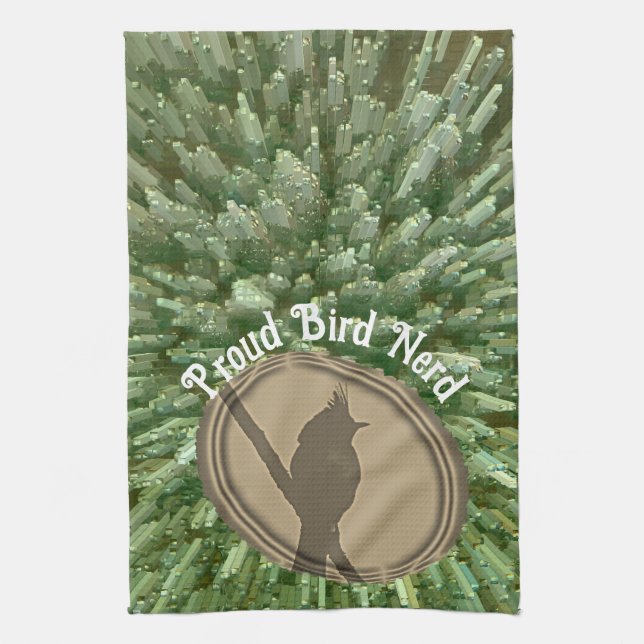 Proud Bird Nerd Silhouette Brown Green Birder Kitchen Towel (Vertical)