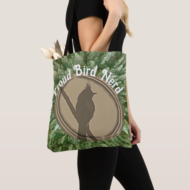 Proud Bird Nerd Silhouette Brown Green Birder Tote Bag (Close Up)