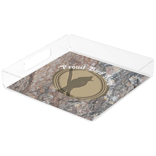 Proud Bird Nerd Silhouette Brown Rustic Birder Acrylic Tray (Angled)