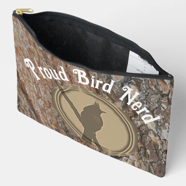 Proud Bird Nerd Silhouette Rustic Outdoor Birder Accessory Pouch (Open)