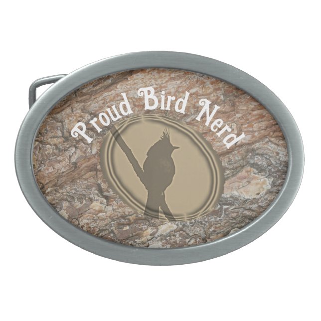 Proud Bird Nerd Silhouette Tree Bark Rustic Birder Belt Buckle (Front)