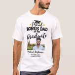 Proud Bonus Dad of the graduate photo name T-Shirt<br><div class="desc">Celebrate your stepson's or stepdaughter's graduation with this modern t-shirt featuring a "Proud Bonus Dad of the Graduate" caption in black contemporary fonts, decorated with a grad cap with a golden tassel. By editing the template fields, you can easily customize this t-shirt with a picture of the graduate, the graduation...</div>