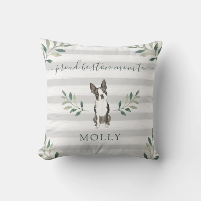 Proud Boston Terrier Mom | Leaves and Stripes Throw Pillow (Front)