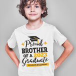 Proud Brother 2023 graduate black gold cap name T-Shirt<br><div class="desc">Celebrate your brother's or sister's graduation with this modern t-shirt featuring a "Proud BROTHER of a 2023 Graduate" typography in black and gold; easily customize this t-shirt with the graduation year and the name of the graduate by editing the template fields. This t-shirt is part of our "Graduation Family Matching...</div>