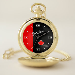Proud Canadian Maple Leaf on Red and Black Pocket Watch