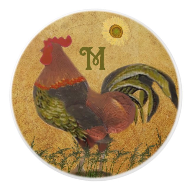 Proud Country Rooster Monogram Drawer Ceramic Knob (Front)