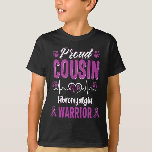 Proud Cousin Fibromyalgia Warrior Awareness Ribbon T-Shirt (Front)
