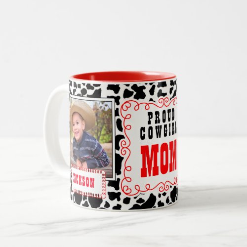 Proud Cowgirl MOM Cow Print and Red Photo Two_Tone Coffee Mug