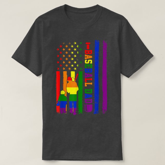 Proud Dad Gay Son Pride Rainbow Flag LGBT Baseball T-Shirt (Design Front)
