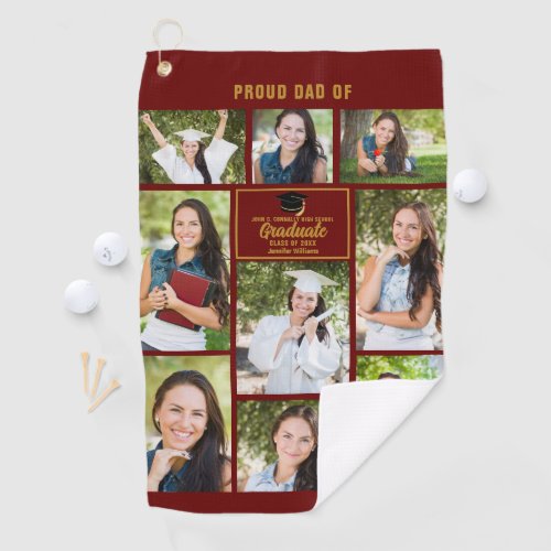 Proud Dad Graduate Photo Collage Maroon Gold Golf Towel