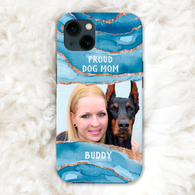Proud dog Mom Photo Elegant Modern Glitter Blue Case-Mate iPhone Case (Creator Uploaded)