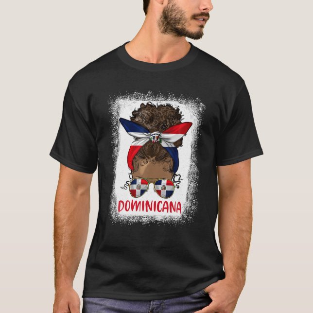 Proud Dominican Girl Messy Bun Dominica Flag Black T-Shirt (Front)