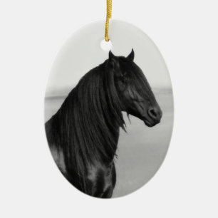 Proud Friesian black stallion horse Ceramic Ornament
